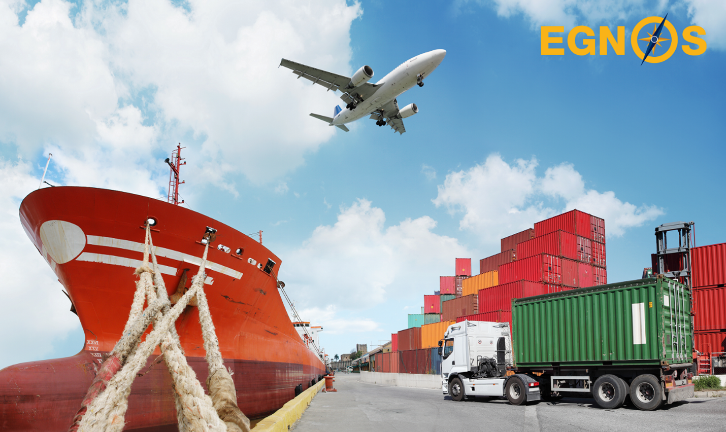 Image image of a port showing a ship, cargo containers and a plane in the middle of the port announcing the EGNOS Open Service 15th Anniversary