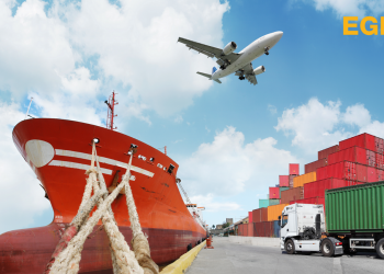 Image image of a port showing a ship, cargo containers and a plane in the middle of the port announcing the EGNOS Open Service 15th Anniversary